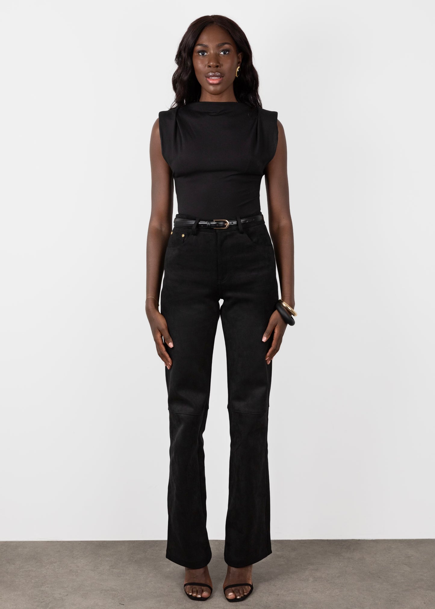 Tall Suede Black Trousers- Full Body