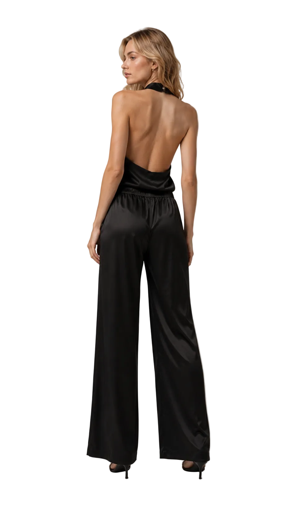 Black Satin Two Piece Jumpsuit with Open Back | Available in 34", 36" & 38" Tall Inseams