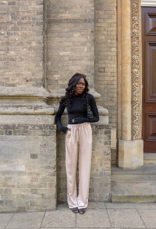 Step Into Luxury: High-Waisted Satin Trousers Designed for Tall Women