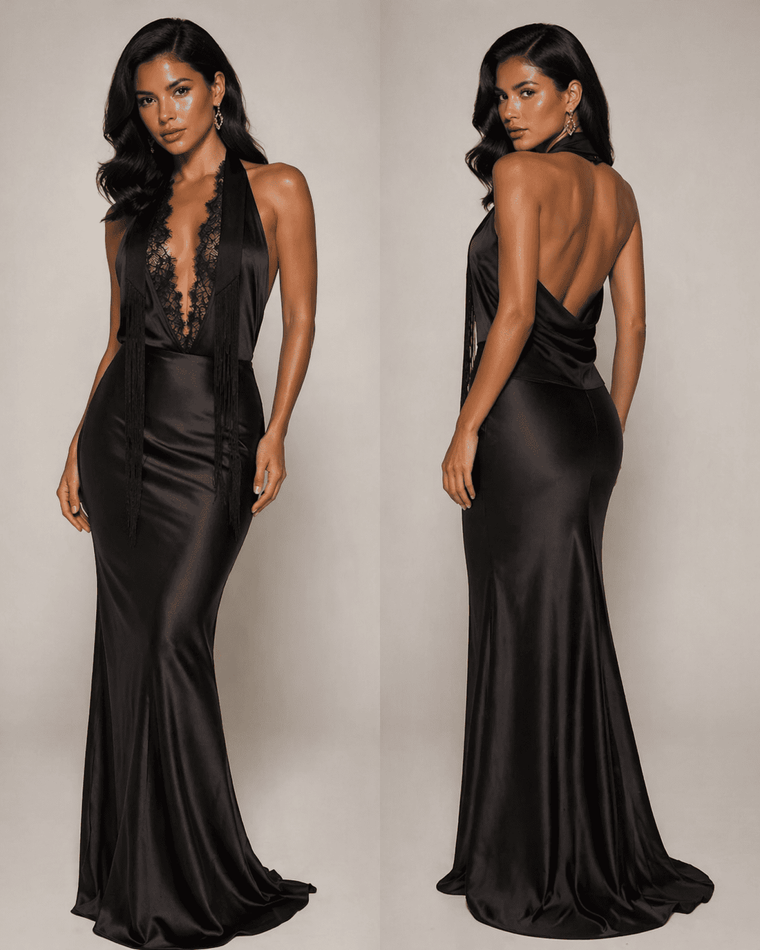 Black Satin Two Piece Maxi Dress Set | Tall Fit Elegance in 34", 36" &amp; 38" Lengths