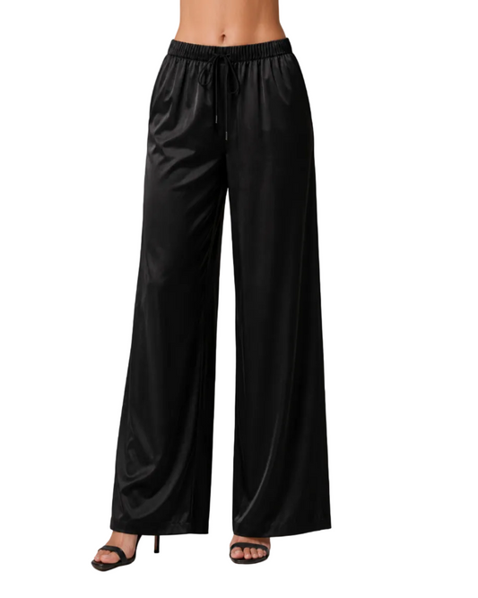 Tall Low Waisted Satin Trousers- Black