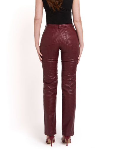 Woven leather trousers- Red Wine
