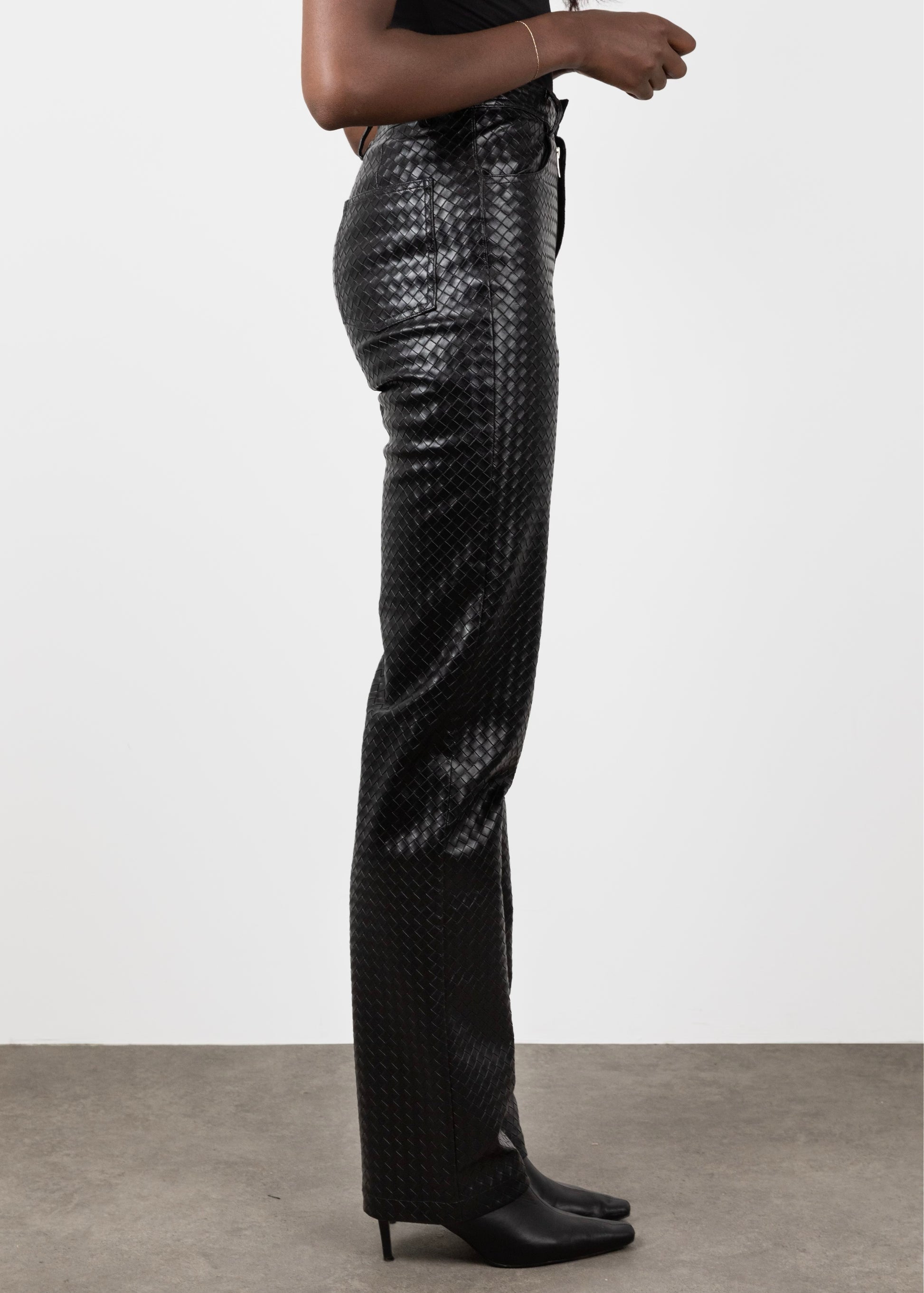 Tall Woven Leather Black Trousers- Side
