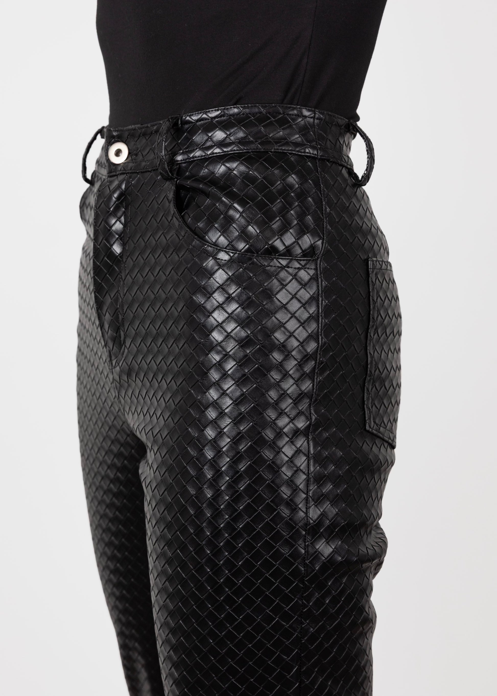 Tall Woven Leather Black Trousers- Detailed