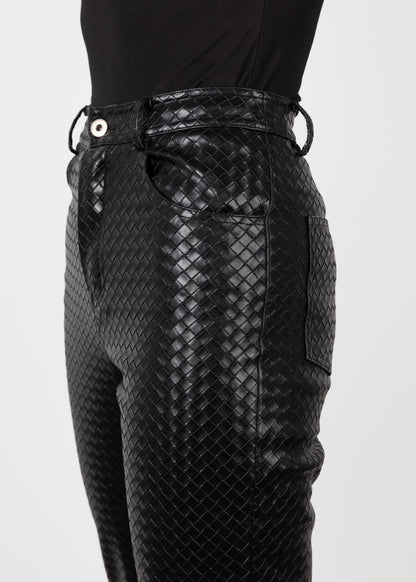 Tall Woven Leather Black Trousers- Detailed