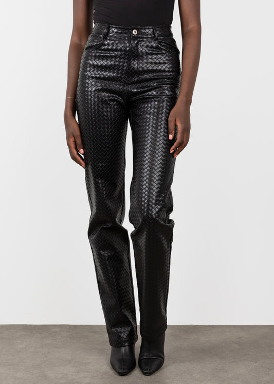 Tall Woven Leather Black Trousers- Front