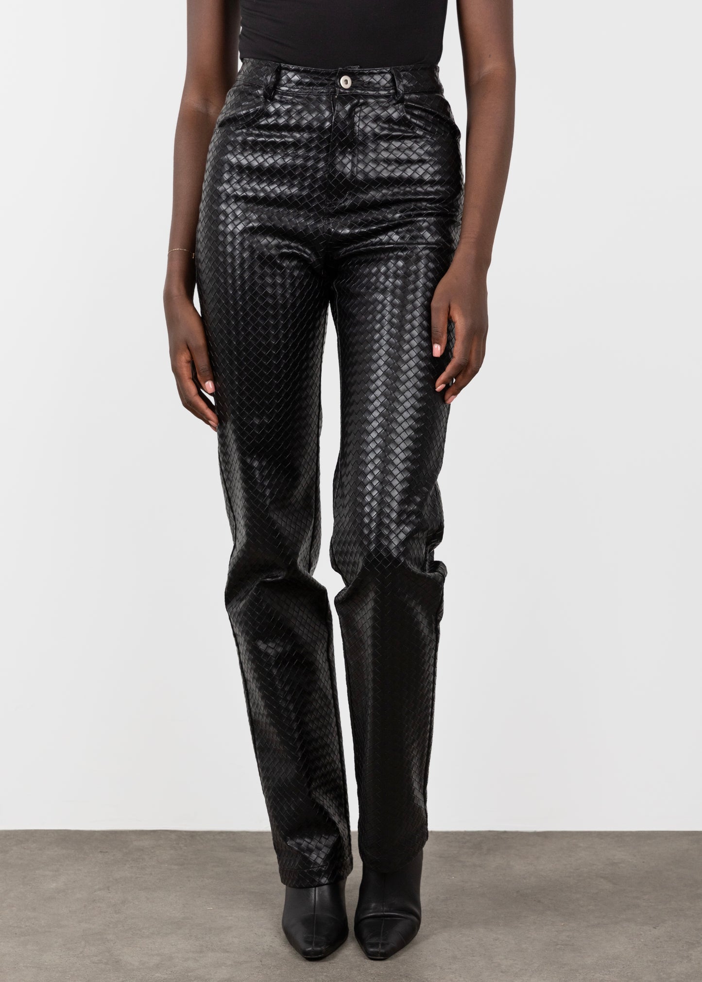 Tall Woven Leather Black Trousers- Front