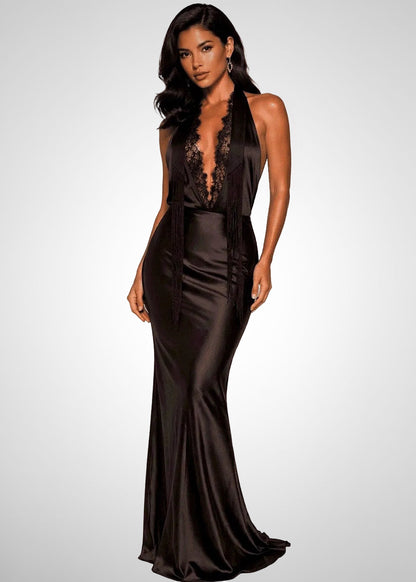 Satin Lace Halter Top With Fringe Detail- Black
