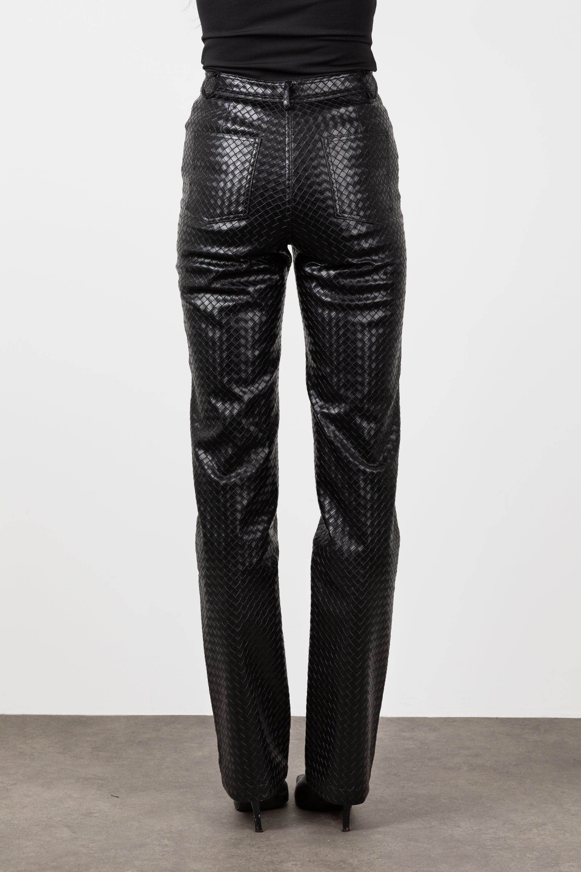 Tall Woven Leather Black Trousers- Black