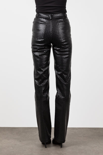 Tall Woven Leather Black Trousers- Black
