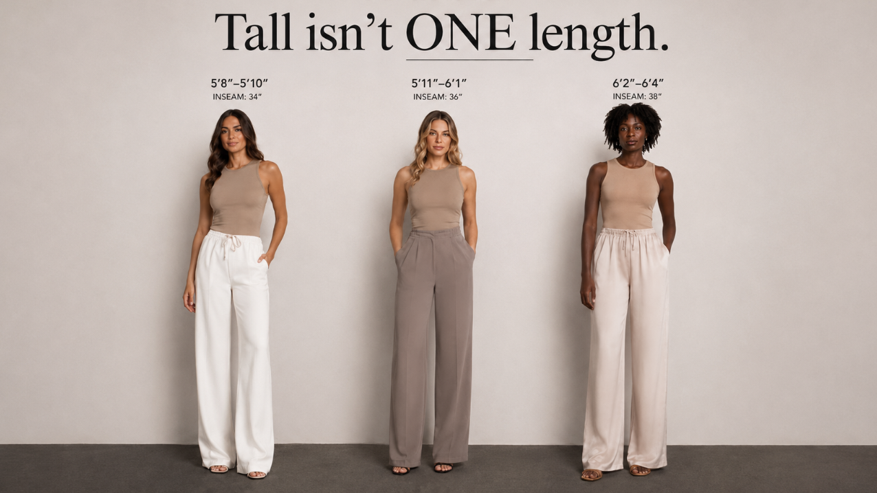 Three women wearing pants of different lengths to demonstrate size range, with text indicating 'Tall isn't ONE length.'