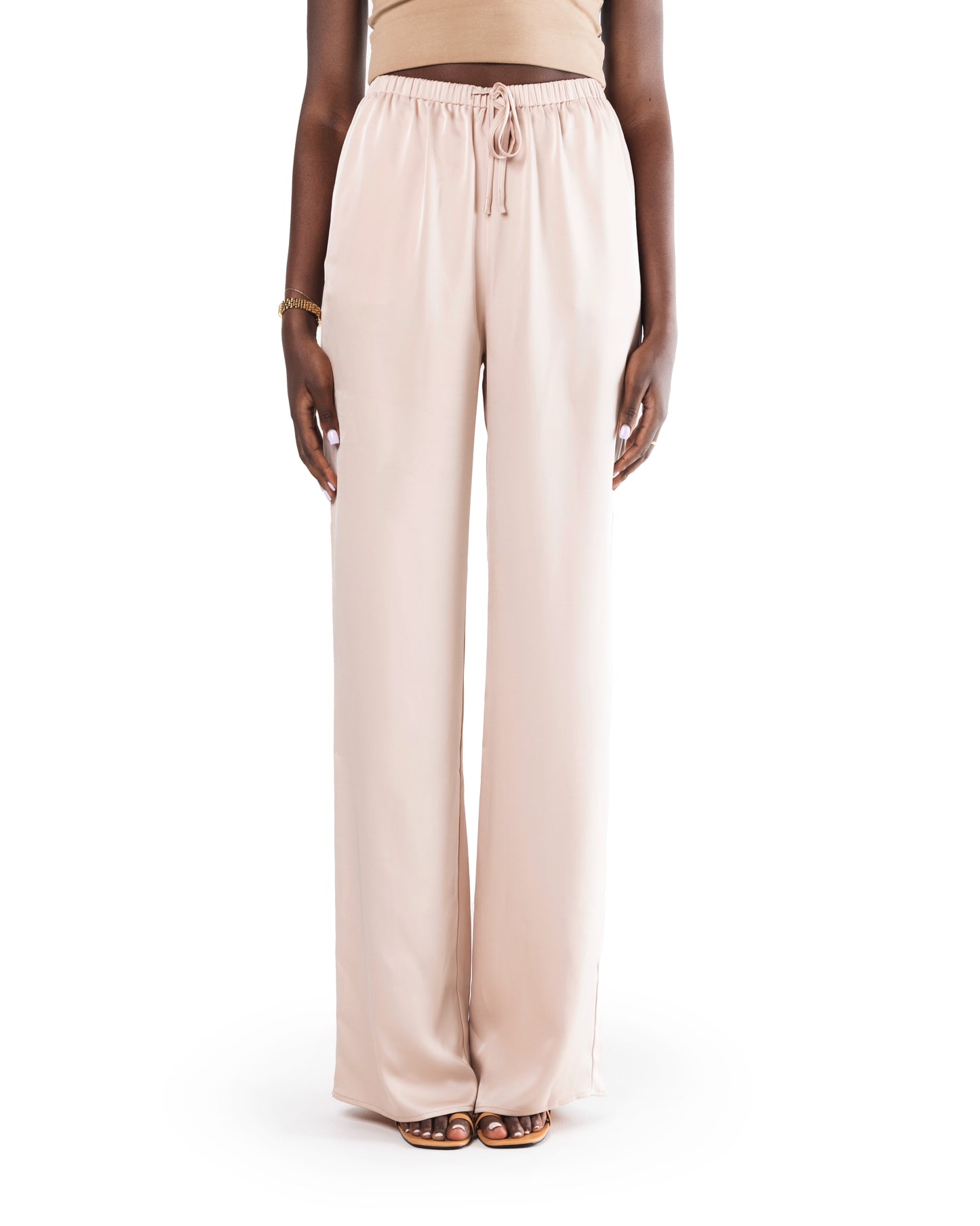 Tall woman wearing 38-inch inseam wide-leg trousers in Beige 
