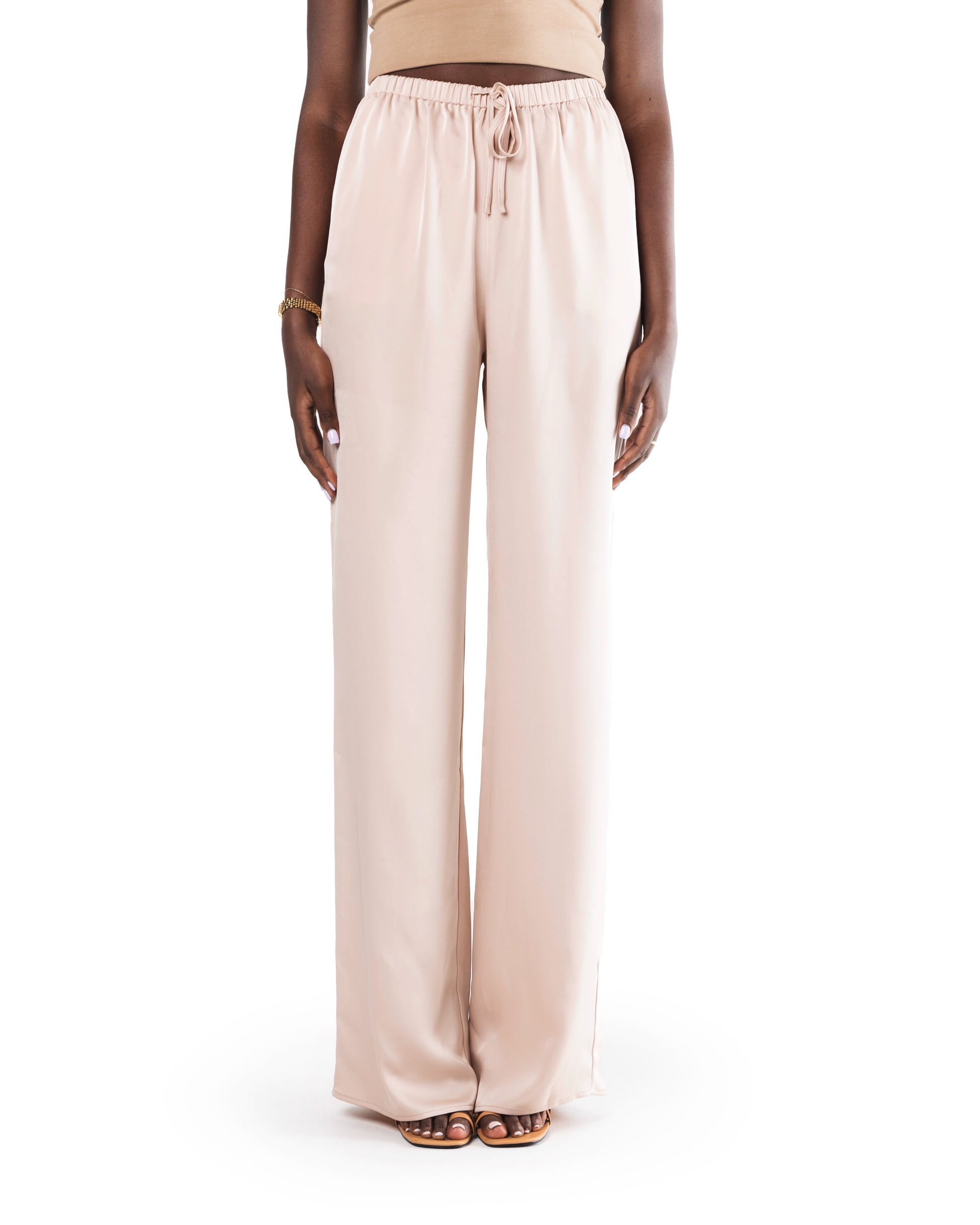 Tall woman wearing 38-inch inseam wide-leg trousers in Beige 